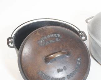 Closeup of cast iron Wagner Ware “Drip Drop Roaster” dutch oven No. 9