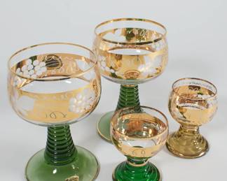 Vintage Bockling green beehive stemmed wine glasses and cordial glasses, Neudenau, Germany