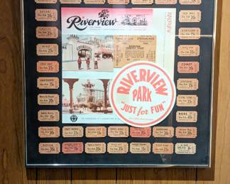 Framed brochure, postcards, and ride tickets from Riverview Park — an amusement park in Chicago, Illinois, which operated from 1904 to 1967