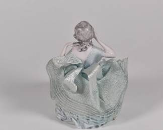 Another view of vintage porcelain pin cushion half doll with legs