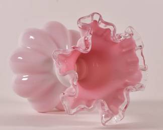 Another view of vintage Fenton Peach Crest milk glass vase, pink interior,  ruffled edge