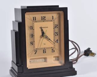 Vintage Hammond Clock Company, Chicago Ill, Art Deco Skyscraper Bakelite electric clock with date function, serial nbr K194763