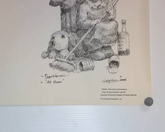 Closeup of vintage printed poster showing two illustrations by Leighton Jones 