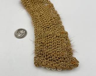 Another view of vintage 1950s crocheted / crochet collar: shimmer gold with mink and pearls, mid-century