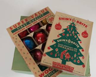 Another view of Vintage Christmas ornaments, some in original Woolworth's boxes