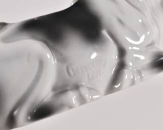 Another view of antique German porcelain sitting Holstein cow creamer