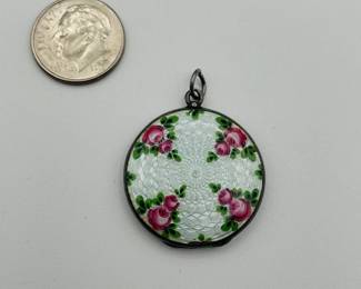 Antique silver floral guilloche enamel locket with roses