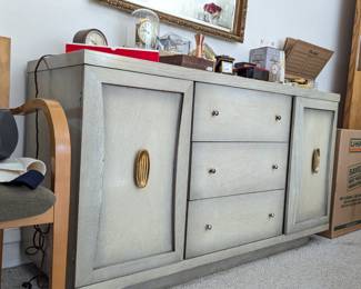 Mid century c. 1950's/1960's Painted wooden sideboard, 3 central drawers flanked by cabinets, has matching china cabinet and table with 7 chairs