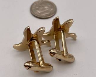Another view of Pair of flying ducks cufflinks, gold toned metal and mother of pearl