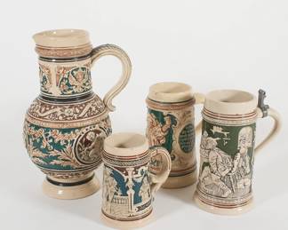 Rare antique German stoneware stein tankard with putti, possibly late 19th Century; 3 antique German stoneware beer steins