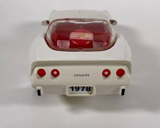 Closeup of 1978 Jim Beam "Chevy Corvette" Whiskey decanter, white model, original box and packaging, decanter unopened!