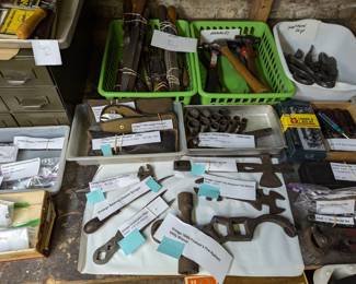 Vintage tools including Irwin drill bits, Craftsman socket sets, Eifel-Geared Plierench, hammers, fire hydrant utility wrench, combination pliers, bearing gasket scrapers, and more