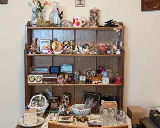 Clocks, figurines, glassware, baskets, dishes, decanters