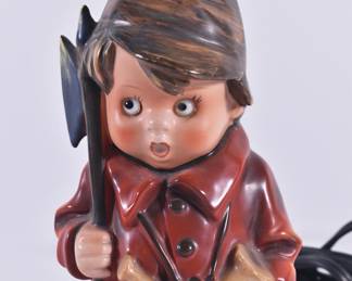 Closeup of vintage Goebel Hummel figurine night watchman porcelain lamp