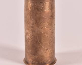Rare WWI trench art engraved PDPs 37-85 casing Jan. 1918. Has flaming bomb symbol on base.