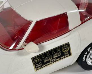 Closeup of 1978 Jim Beam "Chevy Corvette" Whiskey decanter, white model, original box and packaging, decanter unopened!