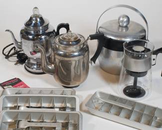 Farberware coffee percolators, one with original booklet; lidded ice bucket with handle, glass coffee percolator/carafe, Amana metal ice cube trays