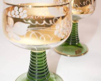Closeup of vintage Bockling green beehive stemmed wine glasses and cordial glasses, Neudenau, Germany