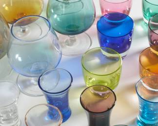Various colored glass cognac/sherry and cordial glasses