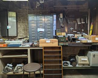 Steelcase "Steelmaster" 30-drawer metal storage cabinet, 1950s/60s; vintage Craftsman locking wall tool cabinet with key, Dunlap circular saw, Skilsaw circular saw model no. 77, Craftsman Commercial Router with case, model 315.17380;  hacksaws, vintage bench vise grips, machinist tools, Irwin drill bits, Craftsman socket sets, vintage Eifel-Geared Plierench