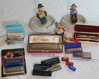 Hohner harmonicas, melodicas, German figural ashtrays, tie tacks/pins