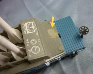 Another view of Lionel Trains Missile Firing Car No. 6544, Post-War 1960-64, with original box and 4 missiles (#44-40), white stamped control panel, with instruction sheet