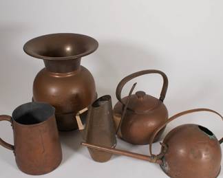 Vintage to antique copper teakettles, watering cans, pitchers, Union Pacific RR vase/spittoon