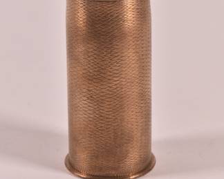 Another view of rare WWI trench art engraved PDPs 37-85 casing Jan. 1918. Has flaming bomb symbol on base.