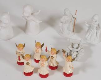 Nativity scene figures of Joseph, Mary and infant Jesus; group of angel/choir figurines