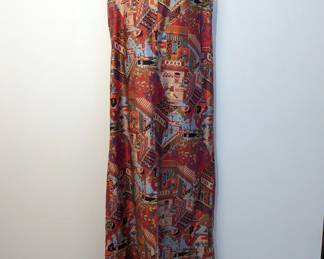 Vintage Asian style sleeveless dress with fabric frog button closure at throat, bright fabric depicting modernist interpretation of courtyard and interior scenes 