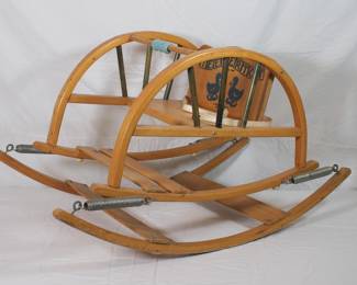 Vintage wooden The Teetertot child's toddler bouncy seat rocking chair with bead bar, by the Delphos Bending Co.