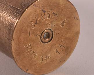 Base of rare WWI trench art engraved PDPs 37-85 casing Jan. 1918. Has flaming bomb symbol on base.