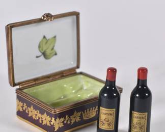 Another view of Limoges France porcelain enameled lidded box - a wine crate with wine bottles inside