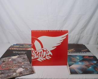 Another view of vintage vinyl LP albums including Chicago, Aerosmith, Foreigner, Bob Seger, The Carpenters, Rod Stewart, Styx, various soundtracks