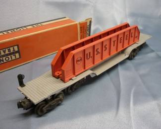 Another view of Lionel Trains Machinery Car (Girder Bridge Car) No. 6418, Post-War 1955-57, with two pink-orange US Steel bridge girders