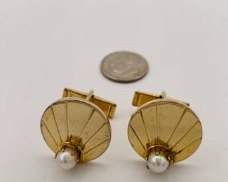 Pair of cufflinks, gold tone metal, in circular fan shape with pearls