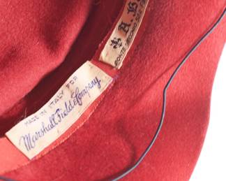 Made in Italy for Marshall Field & Company label inside women's vintage red cloth hat