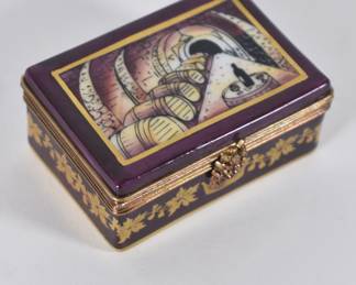 Limoges France porcelain enameled lidded box - a wine crate with wine bottles inside