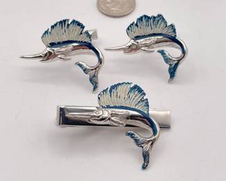 Cufflinks and tie tack set by SWANK, in Sailfish design