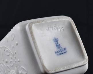 Another view of vintage Kaiser W. Germany white porcelain embossed floral vase, base stamped 548/18