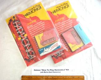 Two Hohner “How To Play Harmonica” Kits, New old stock still sealed, includes “Marine Band” harmonica, printed instructions, cassette tape