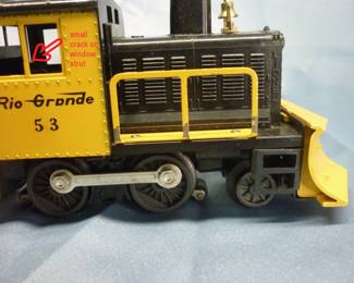 Closeup of Lionel Trains Snow Plow Locomotive (Rio Grande) No. 53, Post-War 1957-60. "a" in "Rio Grande" is backwards; with instruction sheet, with original box in good condition