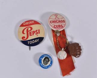 1950s Pepsi pin-back button, 1969 Chicago Cubs Ron Santo pin, and 1960s Chicago Cubs pin-back button with baseball and mitt 