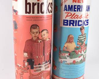 Vintage Halsam plastic building bricks in original containers