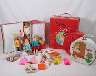 Vintage Ideal Tammy dolls with carrying cases, clothing, accessories; Mattell Tutti doll carrying case