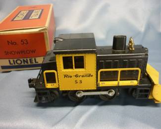 Lionel Trains Snow Plow Locomotive (Rio Grande) No. 53, Post-War 1957-60. "a" in "Rio Grande" is backwards; with instruction sheet, with original box in good condition