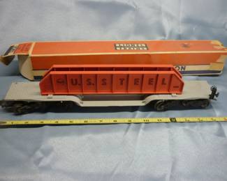 Lionel Trains Machinery Car (Girder Bridge Car) No. 6418, Post-War 1955-57, with two pink-orange US Steel bridge girders