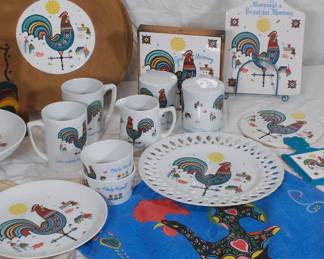 Vintage Berggren Swedish Rooster Scandinavian folk art plates, salt and pepper shakers, trivets, coffee mugs. 