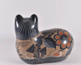 Another view of vintage handmade Tonala Mexico folk art pottery cat figurine 