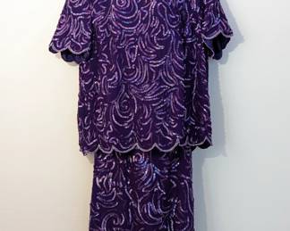 Women's purple silk and sequin short-sleeve top and matching skirt, Sténay Plus label, made in India